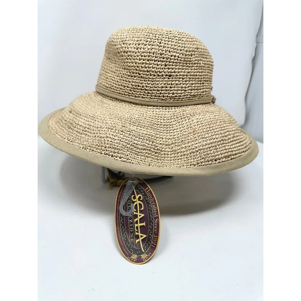 Scala‎ Raffia Sun Hat Women OS Tan Crochet Crushable Packable Resort LR301OS
